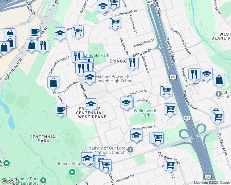 map of restaurants, bars, coffee shops, grocery stores, and more near in Toronto