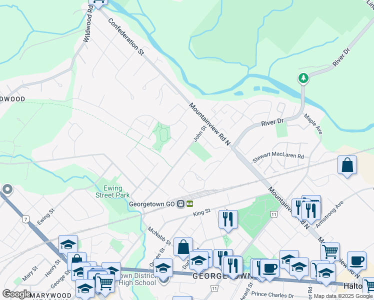 map of restaurants, bars, coffee shops, grocery stores, and more near John Street in Halton Hills