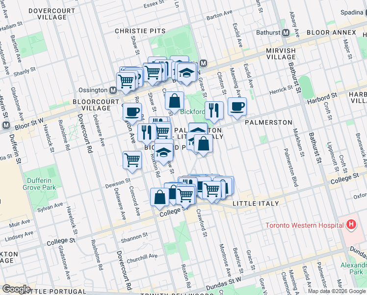 map of restaurants, bars, coffee shops, grocery stores, and more near 543 Crawford Street in Toronto