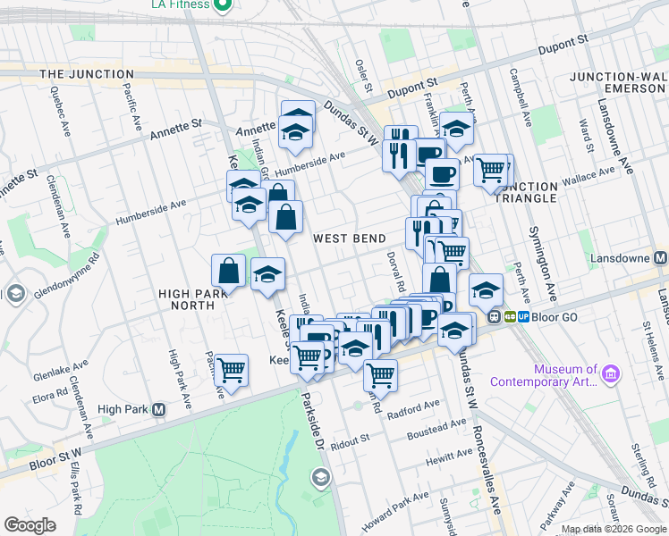 map of restaurants, bars, coffee shops, grocery stores, and more near 101 Glenlake Avenue in Toronto