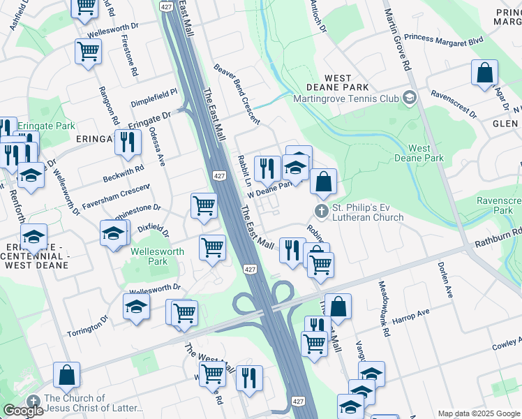 map of restaurants, bars, coffee shops, grocery stores, and more near 15 West Deane Park Drive in Toronto