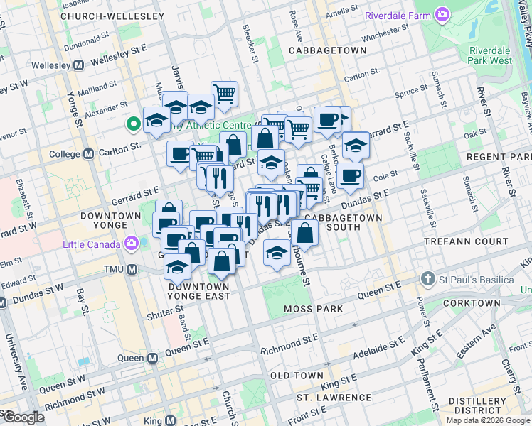 map of restaurants, bars, coffee shops, grocery stores, and more near 71 Pembroke Street in Toronto