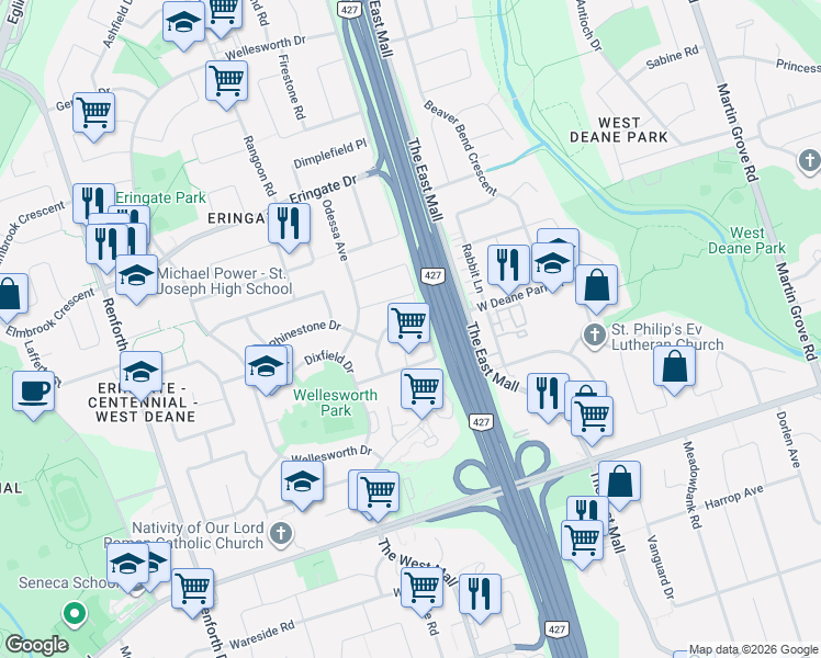 map of restaurants, bars, coffee shops, grocery stores, and more near 38 Birgitta Crescent in Toronto