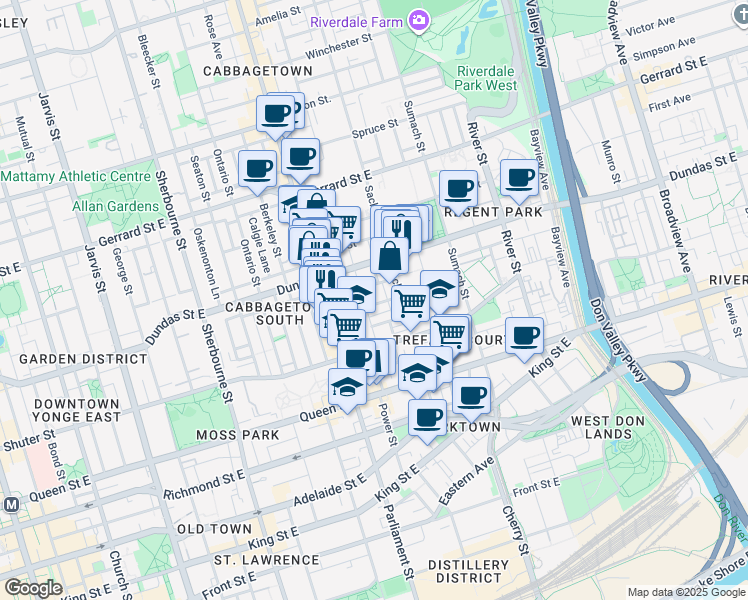 map of restaurants, bars, coffee shops, grocery stores, and more near 46 Saint David Street in Toronto