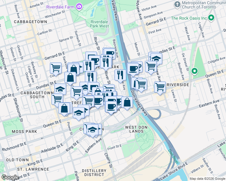 map of restaurants, bars, coffee shops, grocery stores, and more near 41 River Street in Toronto