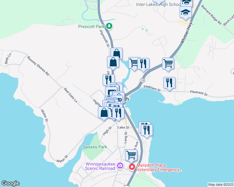 map of restaurants, bars, coffee shops, grocery stores, and more near 328 Daniel Webster Highway in Meredith