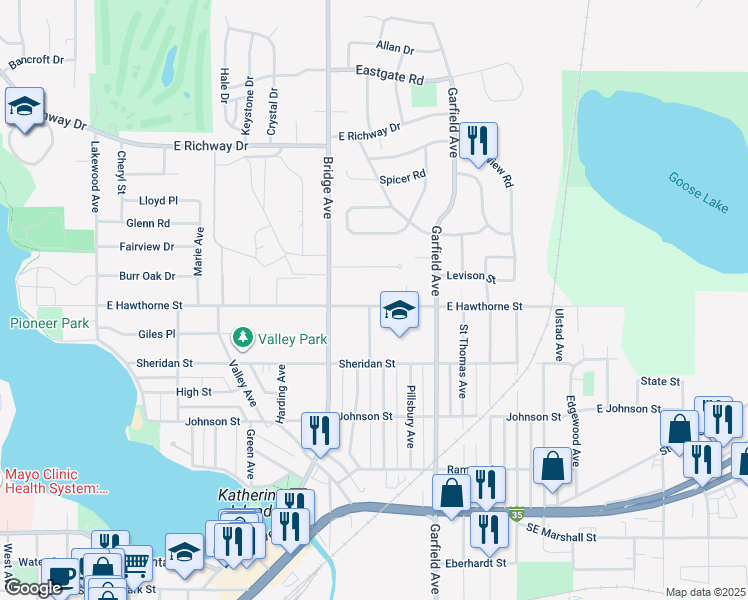 map of restaurants, bars, coffee shops, grocery stores, and more near 911 East Hawthorne Street in Albert Lea