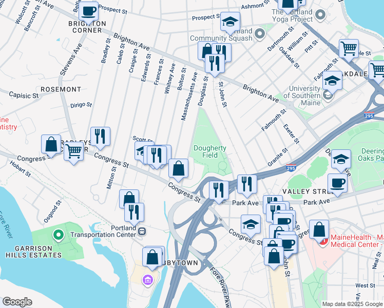 map of restaurants, bars, coffee shops, grocery stores, and more near 107 Douglass Street in Portland