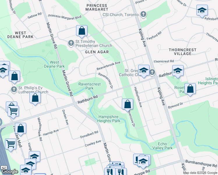map of restaurants, bars, coffee shops, grocery stores, and more near 4 Ravenscrest Drive in Toronto