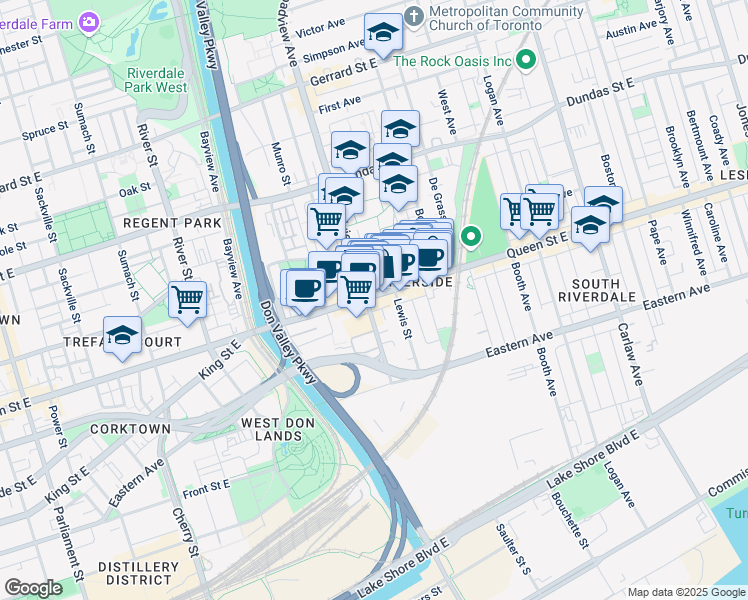map of restaurants, bars, coffee shops, grocery stores, and more near 711 Queen Street East in Toronto