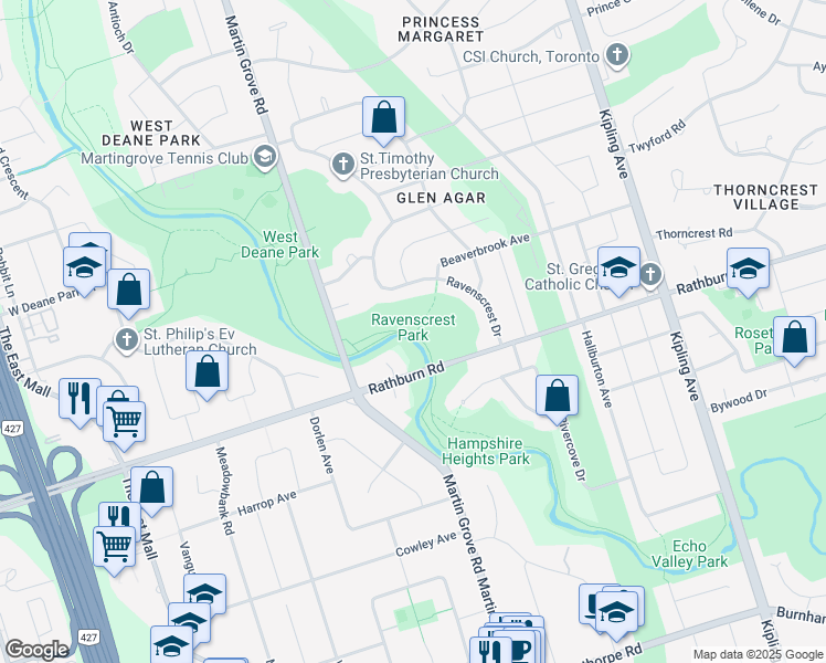 map of restaurants, bars, coffee shops, grocery stores, and more near 170 Rathburn Road in Toronto