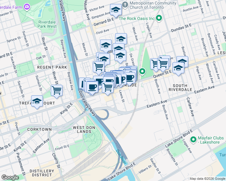 map of restaurants, bars, coffee shops, grocery stores, and more near 711 Queen Street East in Toronto