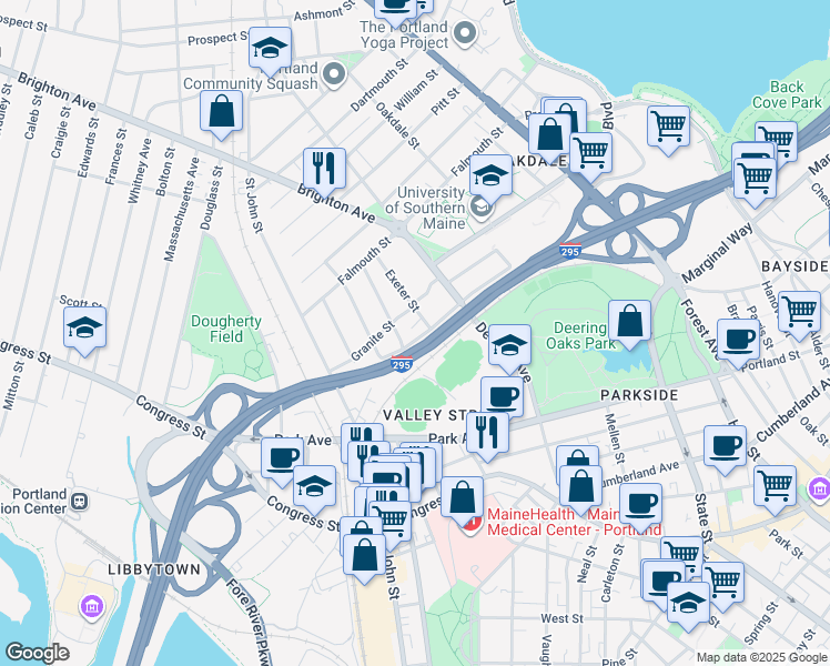 map of restaurants, bars, coffee shops, grocery stores, and more near 91 Washburn Avenue in Portland