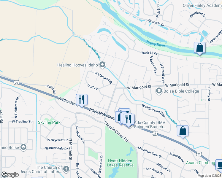 map of restaurants, bars, coffee shops, grocery stores, and more near 5931 North Garrett Street in Boise
