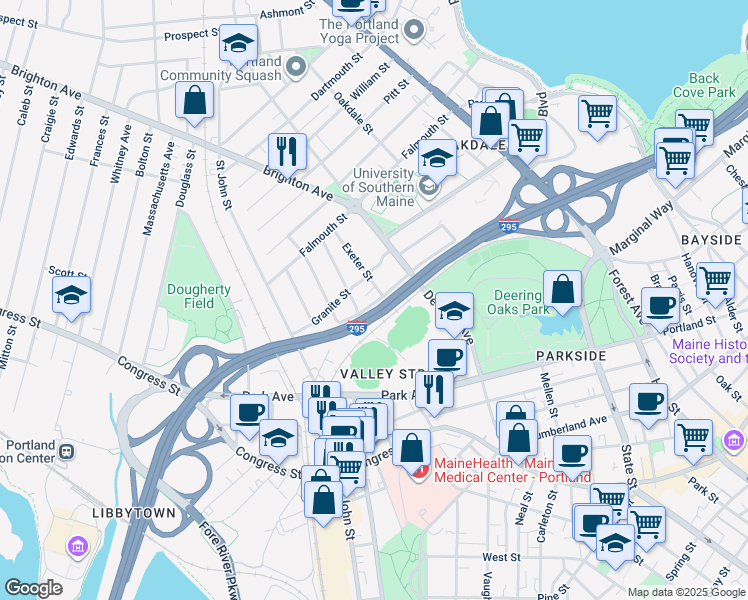 map of restaurants, bars, coffee shops, grocery stores, and more near 6 Exeter Street in Portland