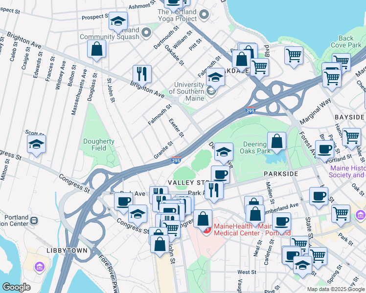 map of restaurants, bars, coffee shops, grocery stores, and more near 6 Exeter Street in Portland