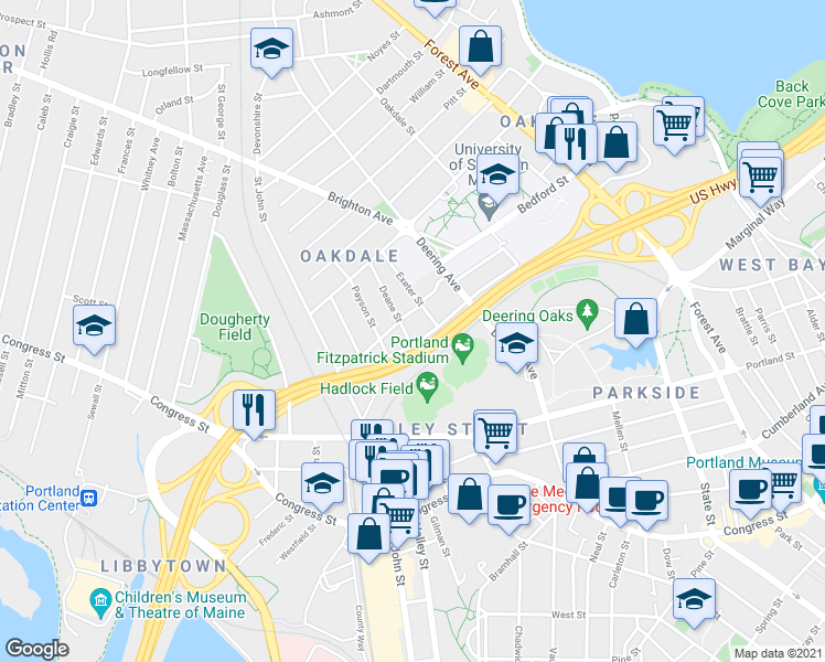 map of restaurants, bars, coffee shops, grocery stores, and more near 6 Exeter Street in Portland