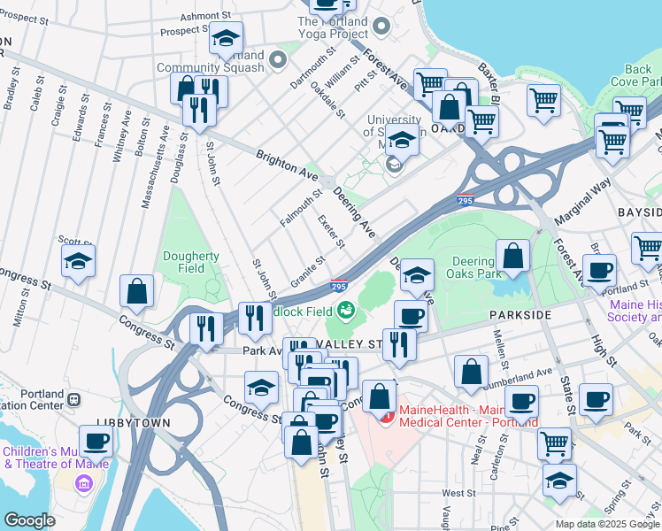 map of restaurants, bars, coffee shops, grocery stores, and more near 61 Granite Street in Portland