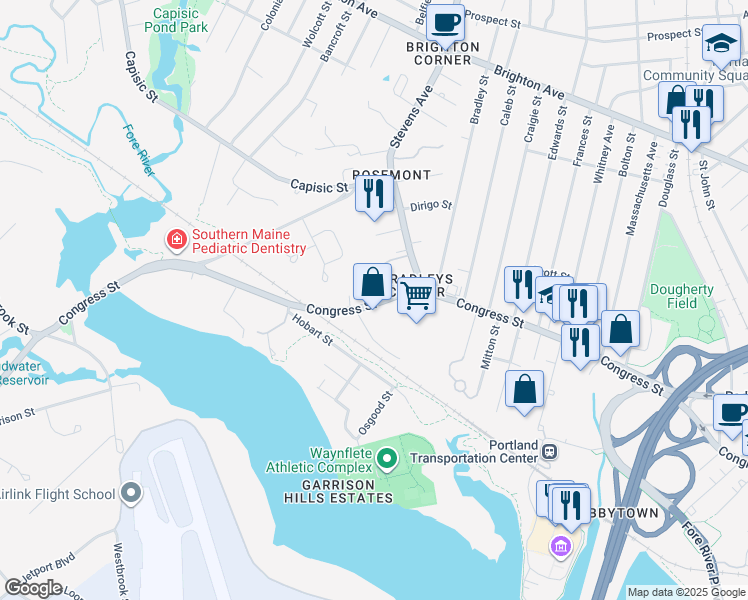 map of restaurants, bars, coffee shops, grocery stores, and more near 1427 Congress Street in Portland