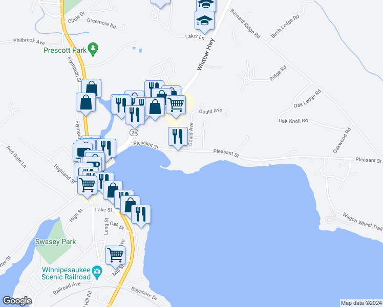 map of restaurants, bars, coffee shops, grocery stores, and more near 32 Pleasant Street in Meredith