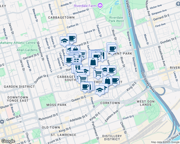 map of restaurants, bars, coffee shops, grocery stores, and more near in Toronto