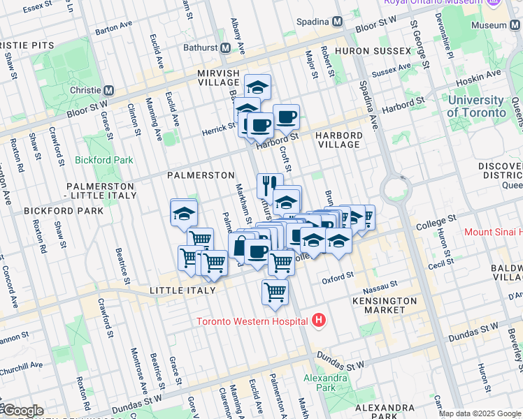 map of restaurants, bars, coffee shops, grocery stores, and more near in Toronto