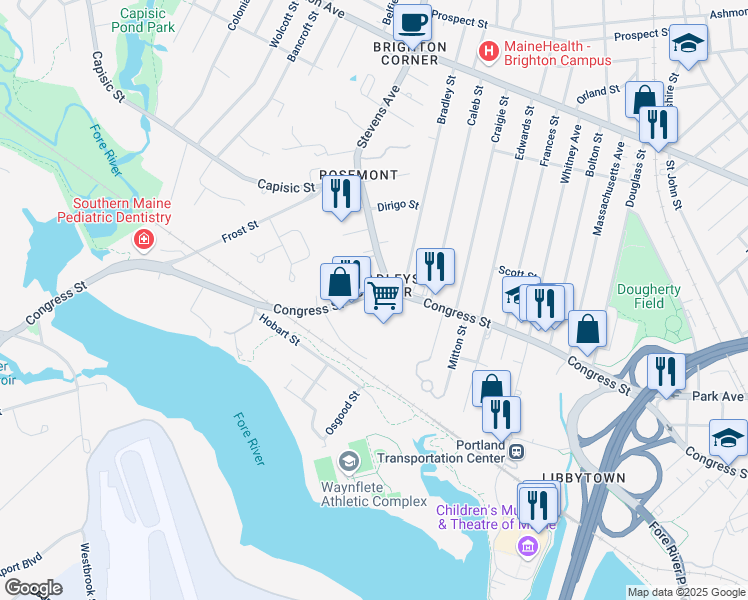 map of restaurants, bars, coffee shops, grocery stores, and more near 1410 Congress Street in Portland