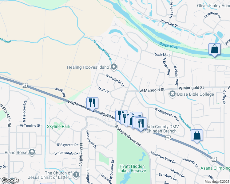 map of restaurants, bars, coffee shops, grocery stores, and more near 9485 Hoff Drive in Boise