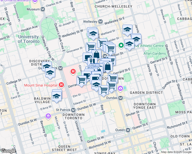map of restaurants, bars, coffee shops, grocery stores, and more near 711 Bay Street in Toronto