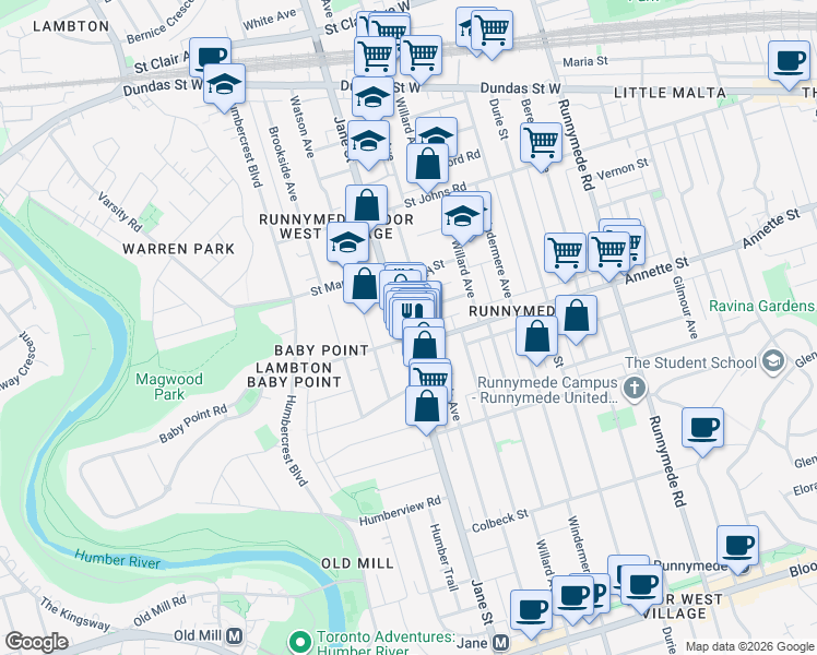 map of restaurants, bars, coffee shops, grocery stores, and more near in Toronto