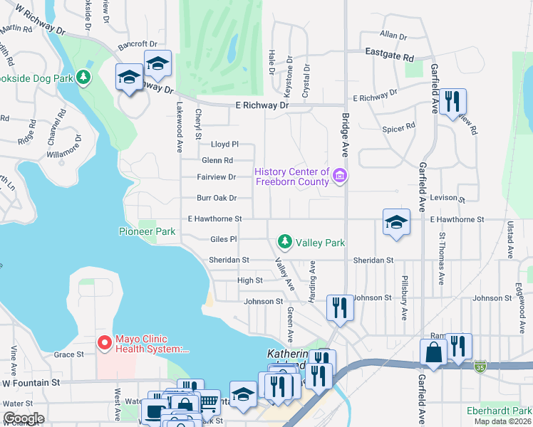 map of restaurants, bars, coffee shops, grocery stores, and more near 1106 Valley Avenue in Albert Lea