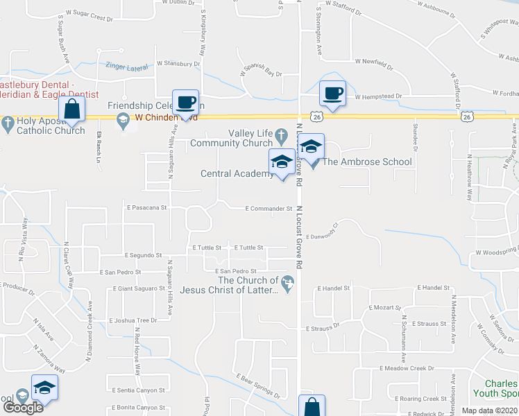 map of restaurants, bars, coffee shops, grocery stores, and more near 1374 East Commander Street in Meridian