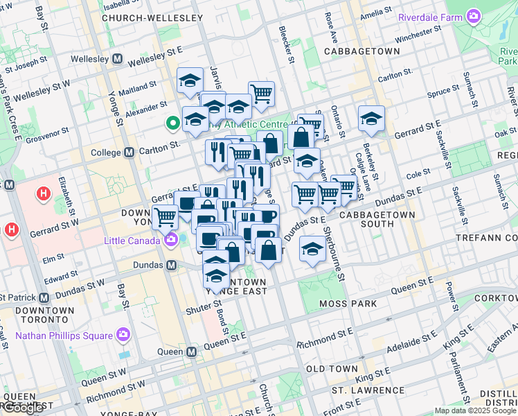 map of restaurants, bars, coffee shops, grocery stores, and more near 295 Jarvis Street in Toronto