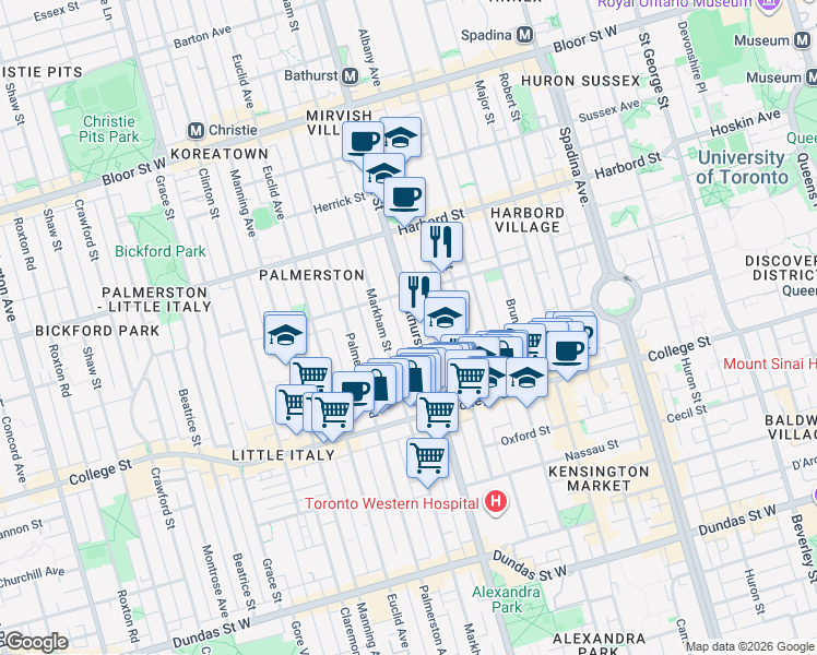 map of restaurants, bars, coffee shops, grocery stores, and more near 570 Bathurst Street in Toronto