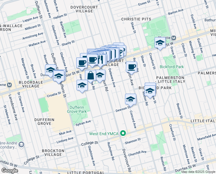 map of restaurants, bars, coffee shops, grocery stores, and more near 665 Dovercourt Road in Toronto