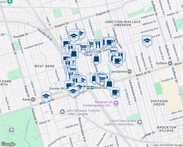 map of restaurants, bars, coffee shops, grocery stores, and more near 151 Perth Avenue in Toronto