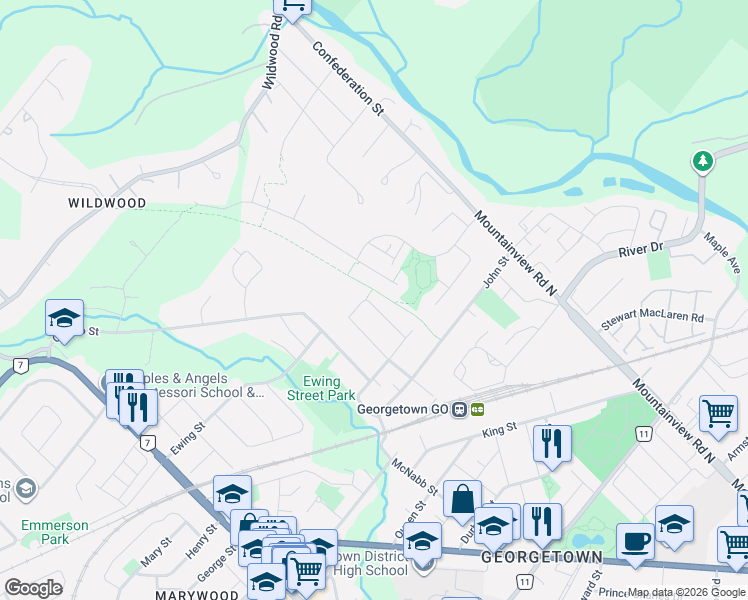 map of restaurants, bars, coffee shops, grocery stores, and more near 23 Academy Road in Halton Hills