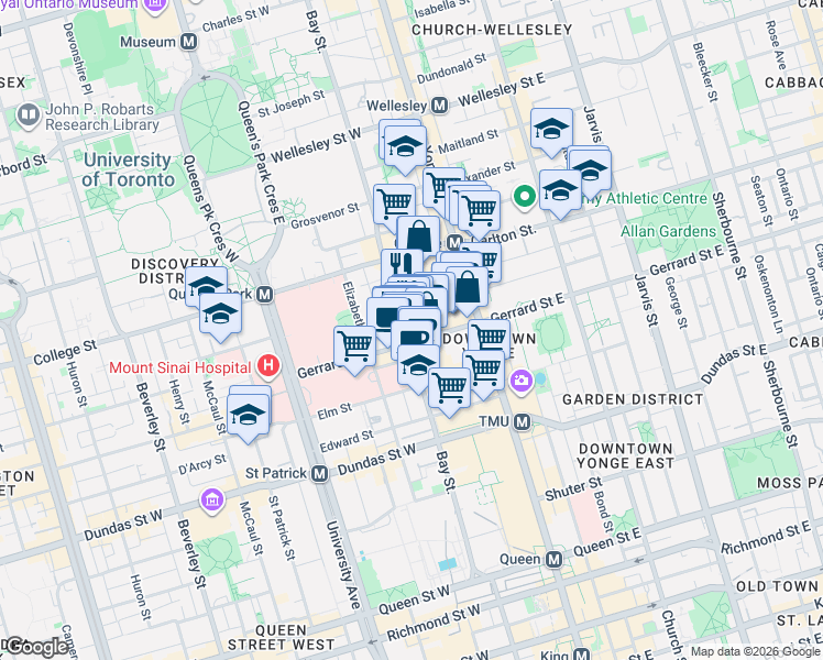 map of restaurants, bars, coffee shops, grocery stores, and more near 711 Bay Street in Toronto