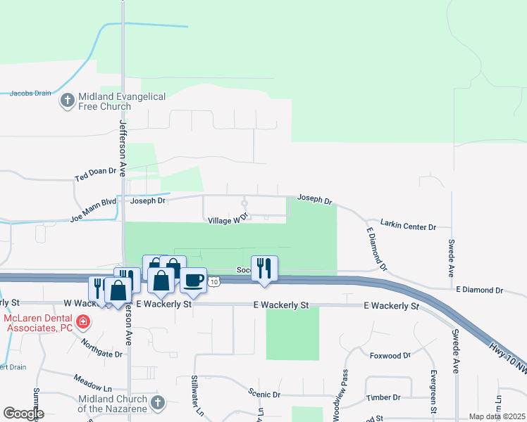 map of restaurants, bars, coffee shops, grocery stores, and more near 800 Village East Drive in Midland
