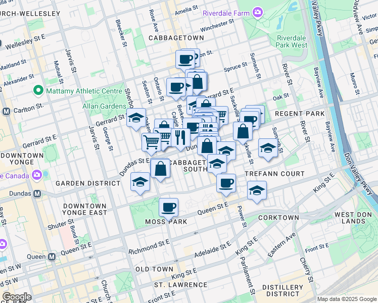 map of restaurants, bars, coffee shops, grocery stores, and more near 401 Dundas Street East in Toronto