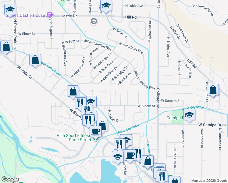 map of restaurants, bars, coffee shops, grocery stores, and more near 4249 North Azalea Lane in Boise