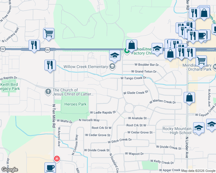 map of restaurants, bars, coffee shops, grocery stores, and more near 2552 West Glade Creek Street in Meridian