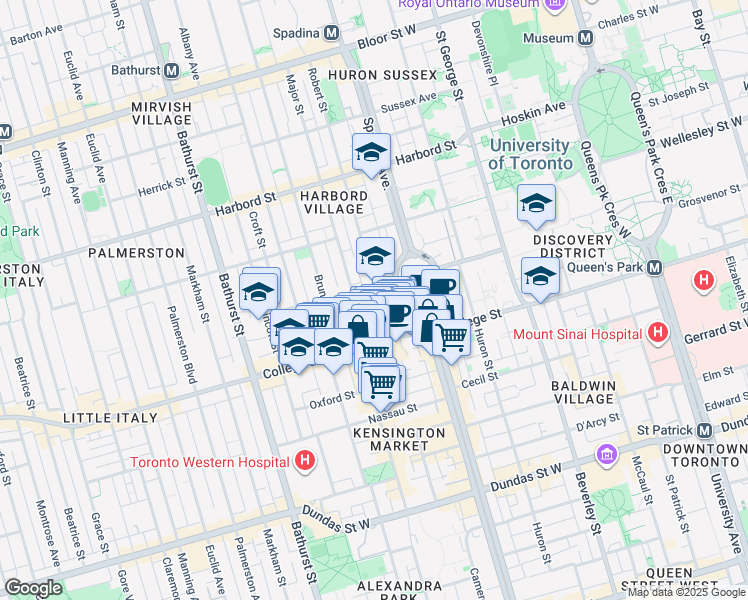map of restaurants, bars, coffee shops, grocery stores, and more near 46 Robert Street in Toronto
