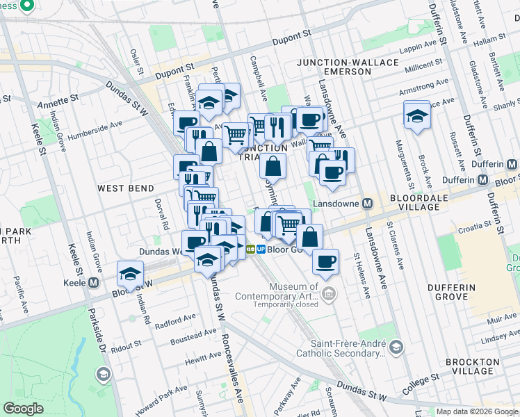 map of restaurants, bars, coffee shops, grocery stores, and more near in Toronto