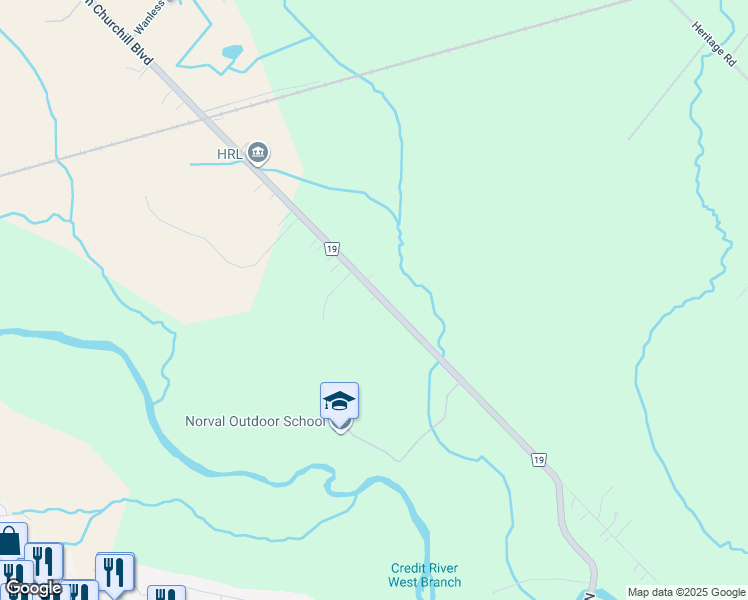 map of restaurants, bars, coffee shops, grocery stores, and more near 10576 Winston Churchill Boulevard in Halton Hills