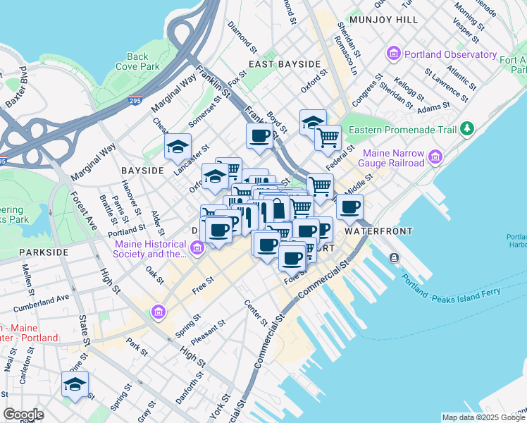 map of restaurants, bars, coffee shops, grocery stores, and more near 119 Exchange Street in Portland