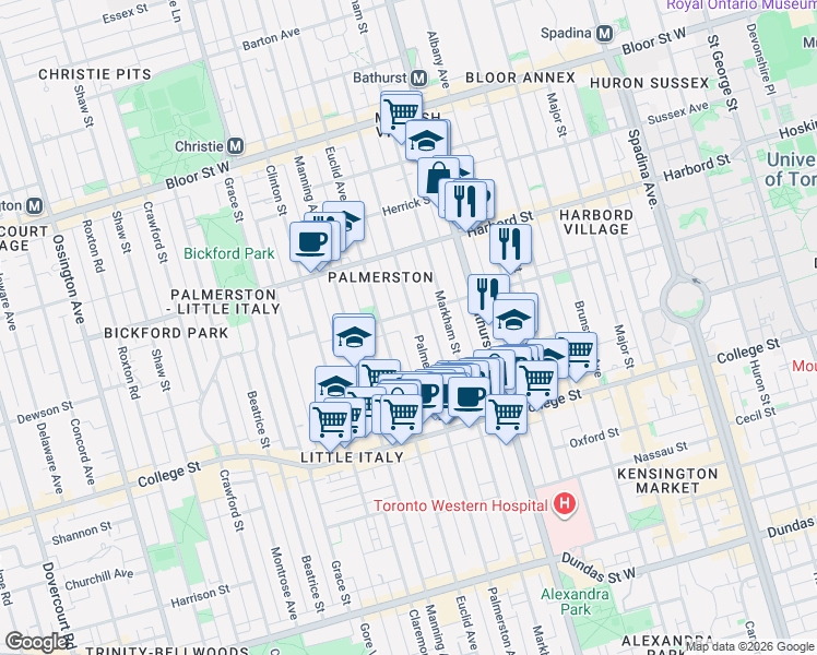 map of restaurants, bars, coffee shops, grocery stores, and more near 390 Palmerston Boulevard in Toronto
