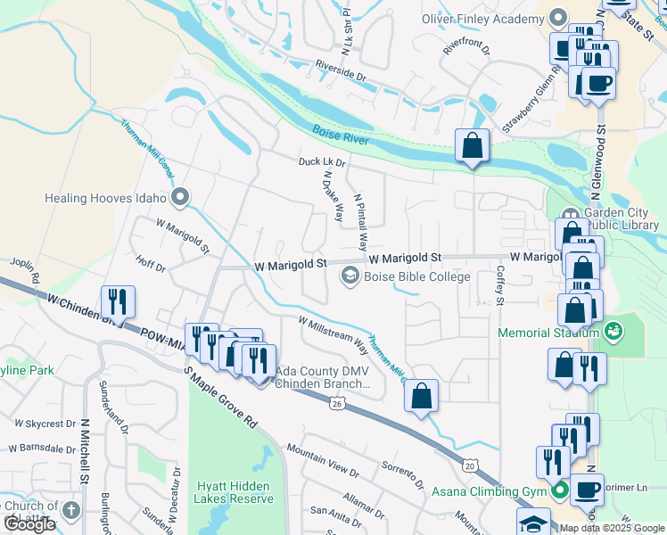 map of restaurants, bars, coffee shops, grocery stores, and more near 5980 Ensign Avenue in Boise