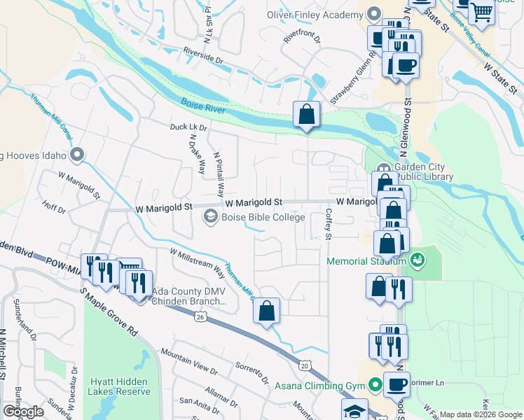 map of restaurants, bars, coffee shops, grocery stores, and more near 6012 North Willowdale Lane in Garden City