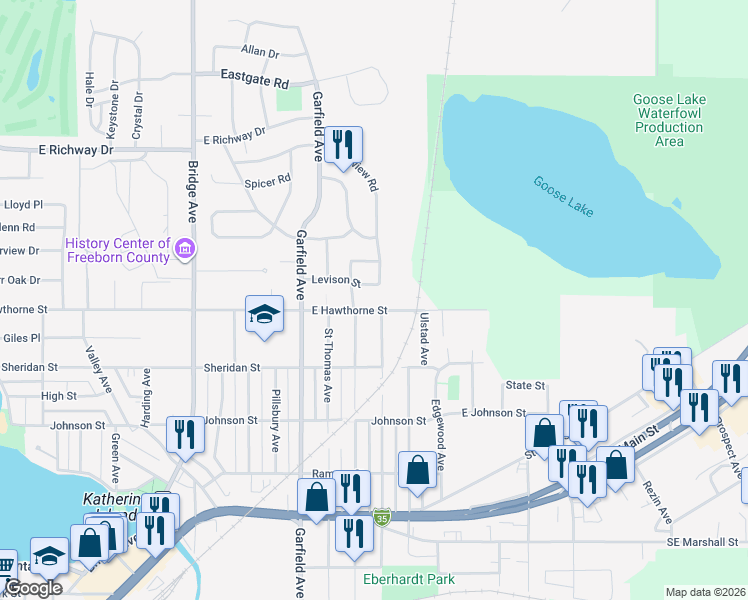map of restaurants, bars, coffee shops, grocery stores, and more near 1417 East Hawthorne Street in Albert Lea